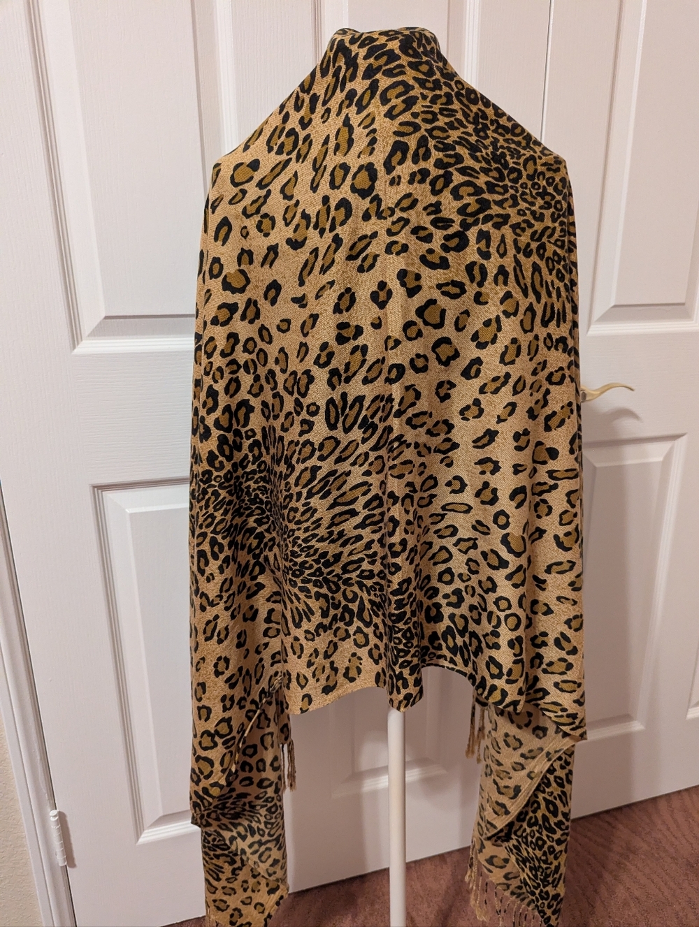 Leopard Print Fringe Shawl - Black on Camel